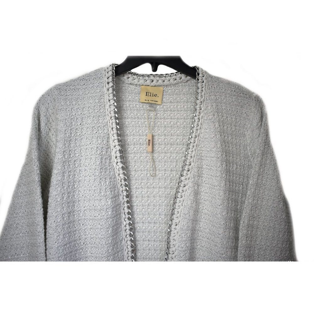 Elie Tahari Women’s Cardigan Silver Chain Trim Long Sleeve Jacquard Knit Jacket - Picture 3 of 4
